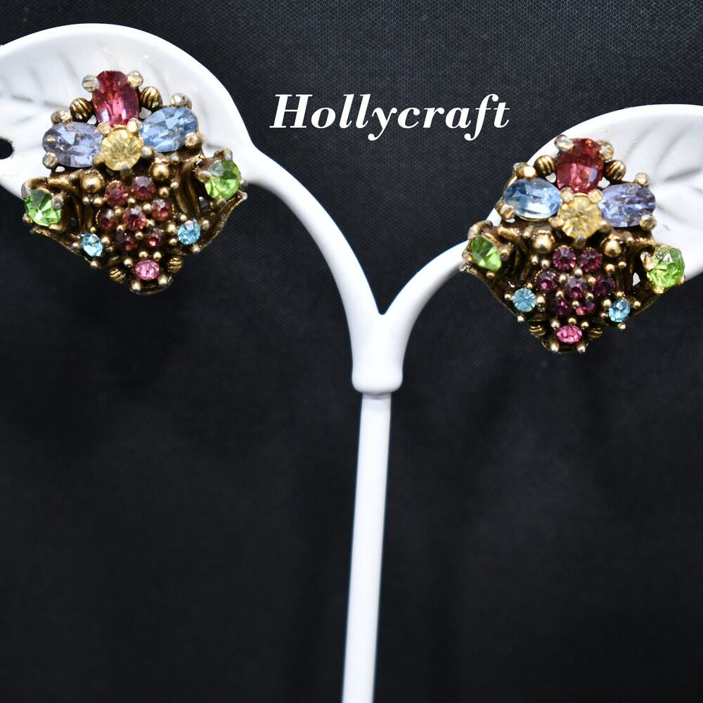 Vintage Hollycraft Pastel Rhinestone Earrings, Screw Backs, 1950s